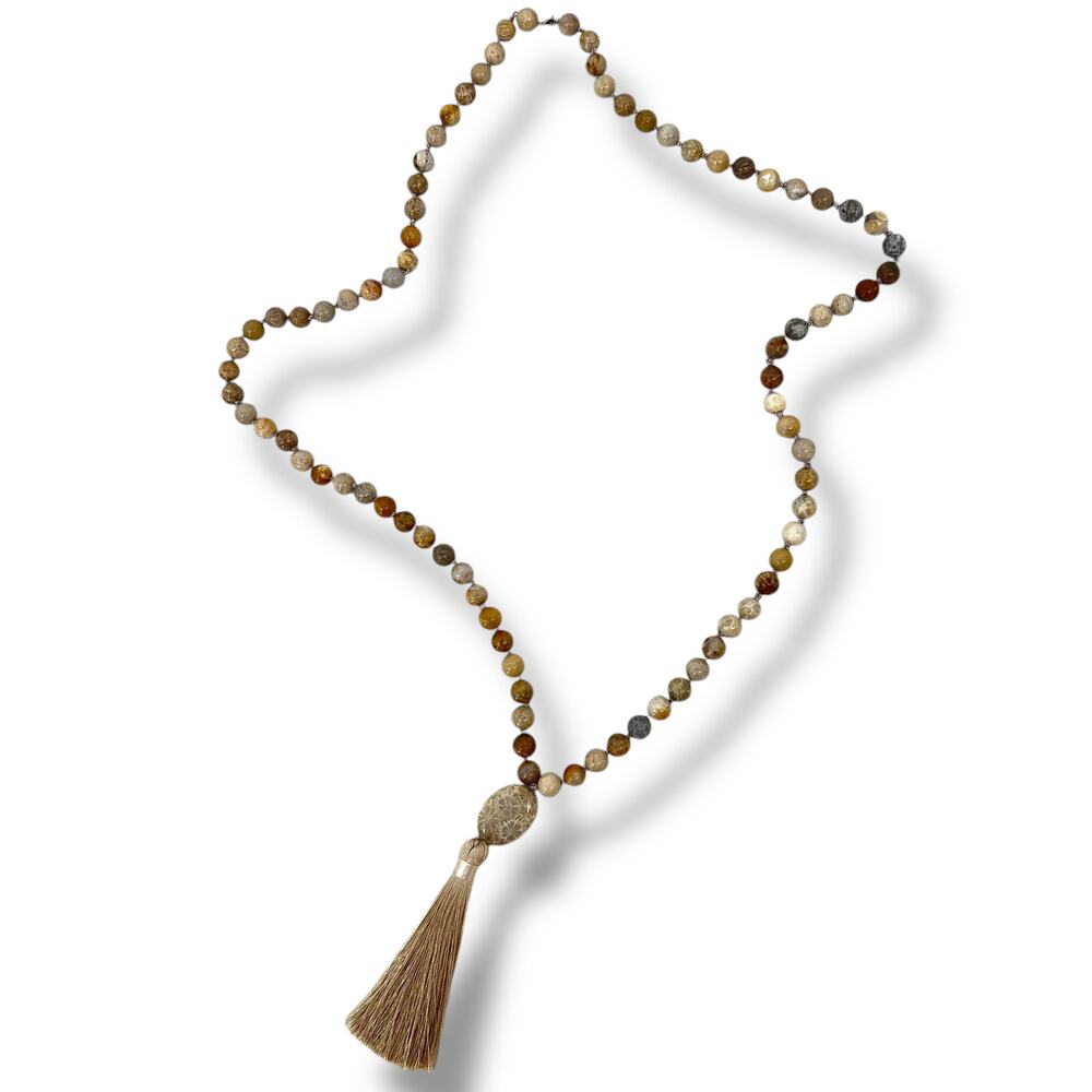 HANDMADE Venus Jasper Hand Knotted Opera Length Tasseled Necklace Semi Precious